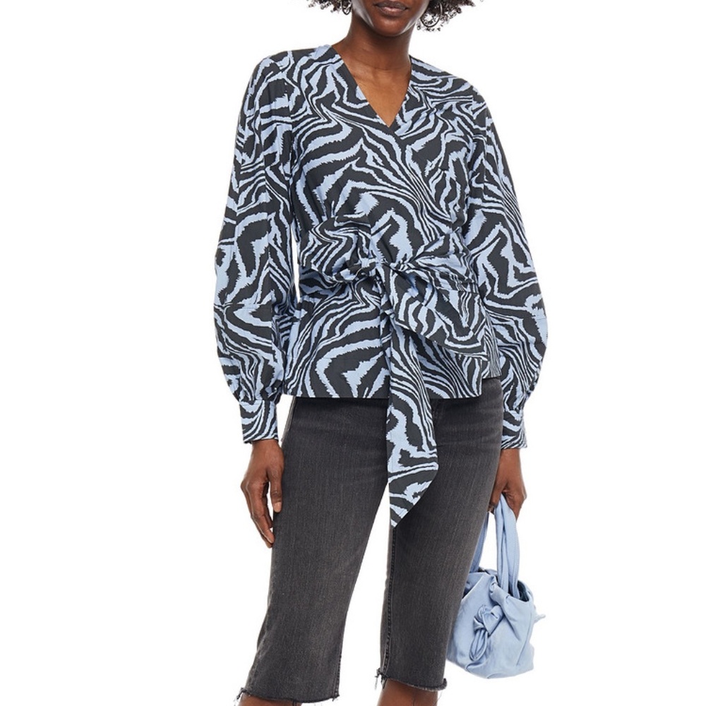 GANNI Tiger-print cotton-poplin wrap top